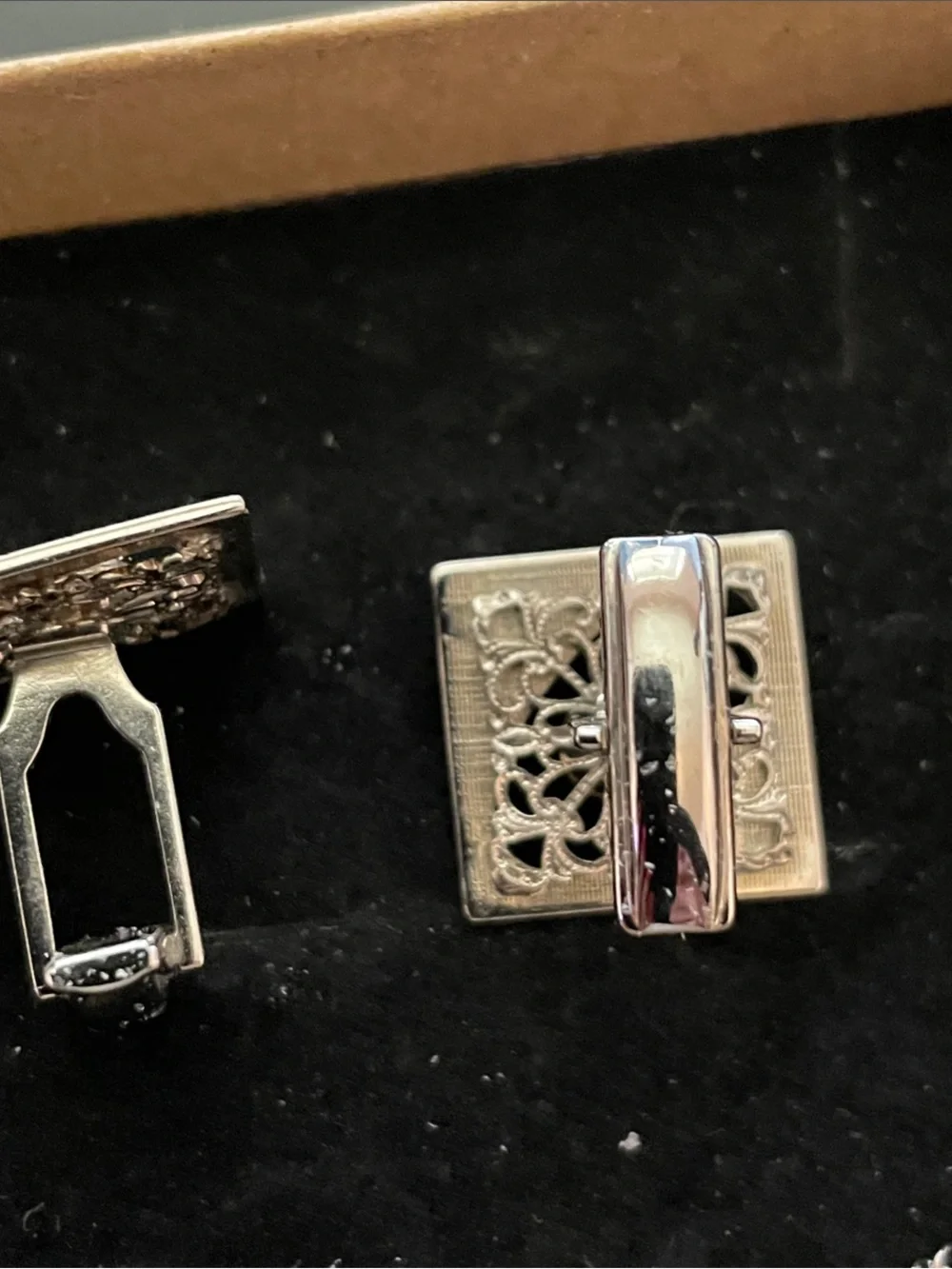 Vintage Square Cufflinks with Black Faceted Stone and matching tie tack